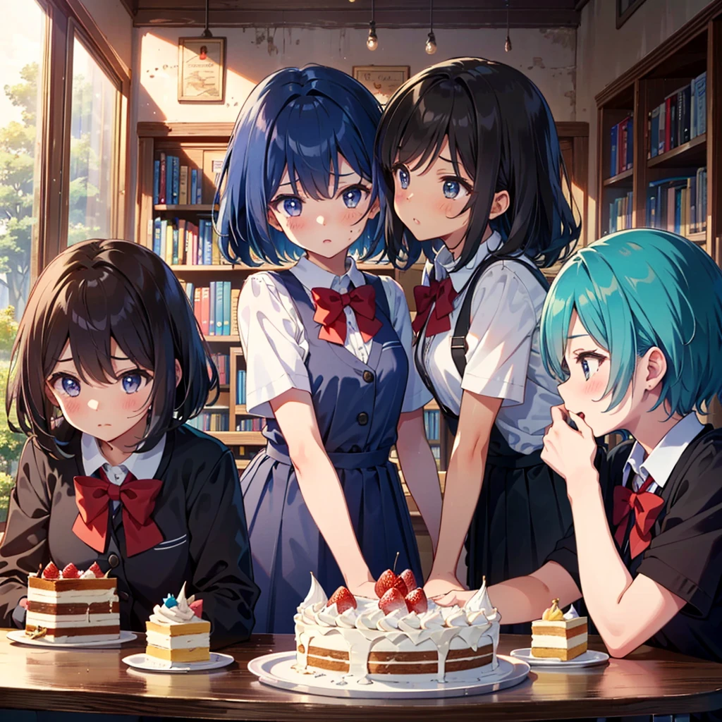 {{{Masterpiece, highest quality, high resolution background}}}, bright and beautiful atmosphere, 3 girls (, 1 short-tempered round face), 1 boy, 1 (hair, surface effects), poverty Breasts, a table in the library, school uniforms worn out, delicious-looking cakes lined up on the desk, girls blushing very much, fighting over the cake, fresh cream on their cheeks, "deltamon_sdXL :0.73) >Deltamon"