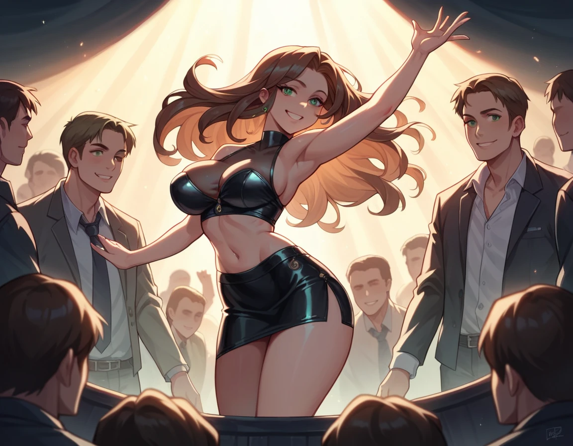 raw, analog style, a sincere, beautiful woman, (smiling), green eyes, long brown hair, wearing a black transparent top, sexy black leather mini skirt, at the disco, standing dancing, surrounded by men, big breasts, Soft lighting, evening, cozy (seductive look)