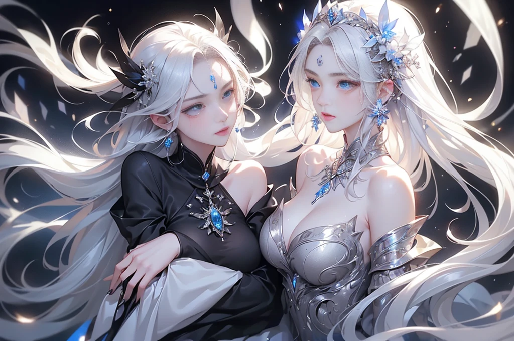 ((1 girl, 独奏:1.5))Night view,star,(White Haired Girl:1.3),((masterpiece))、(detailed)、(Backlight)(A fantastic atmosphere、Ancient Capital、Amazing beauty images、white dust、Light and dance-like、Suspended particles), (Black Dress、Long dress with sleeves、Expose your shoulders、Off the shoulder)、(Gray hair that changes with light、length, Lustrous gray hair、WHITE hair fluttering in the wind)、(Beautiful white and shining skin、Cheek Gloss Highlighter、Sexy and very beautiful and adorable face、The most beautiful face in the world、big, Sparkling Blue Eyes)、(Cute 25 year old girl、Beautiful medium sized breasts、Great cleavage, Narrow waist、Delicate shoulders、Slim figure)