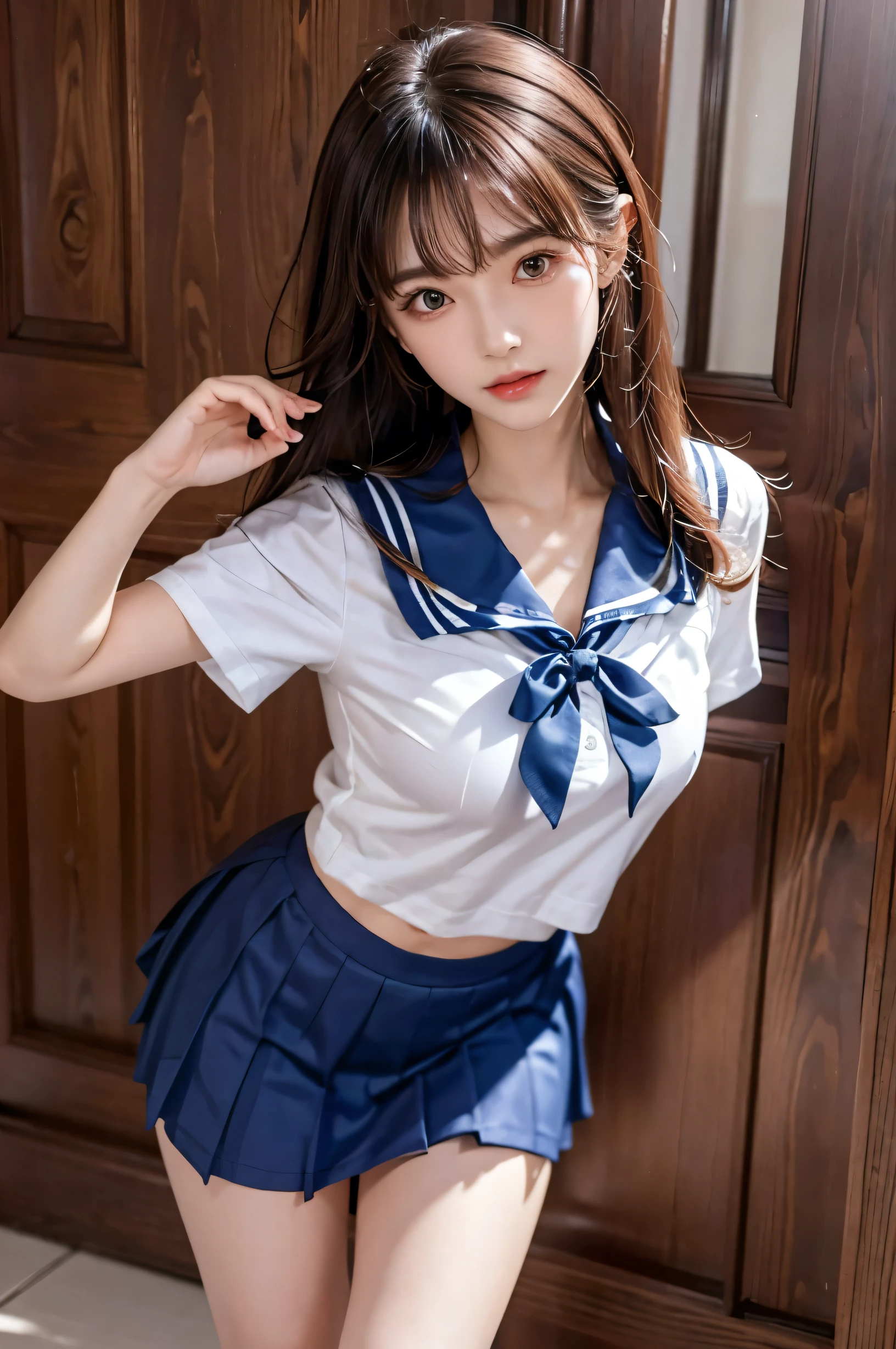 (Ultra HD), (Short-sleeved sailor uniform, Navy blue mini skirt), Big Breasts, slender, whole body, Standing posture, (Clean and shiny skin, Whitening, No makeup), (Super slim face, Super beautiful face), (semi-long, Layered Cut, Fluffy hair), (double eyelid, Slanted Eyes), Small Nose, Thin lips, Thin legs, school gate