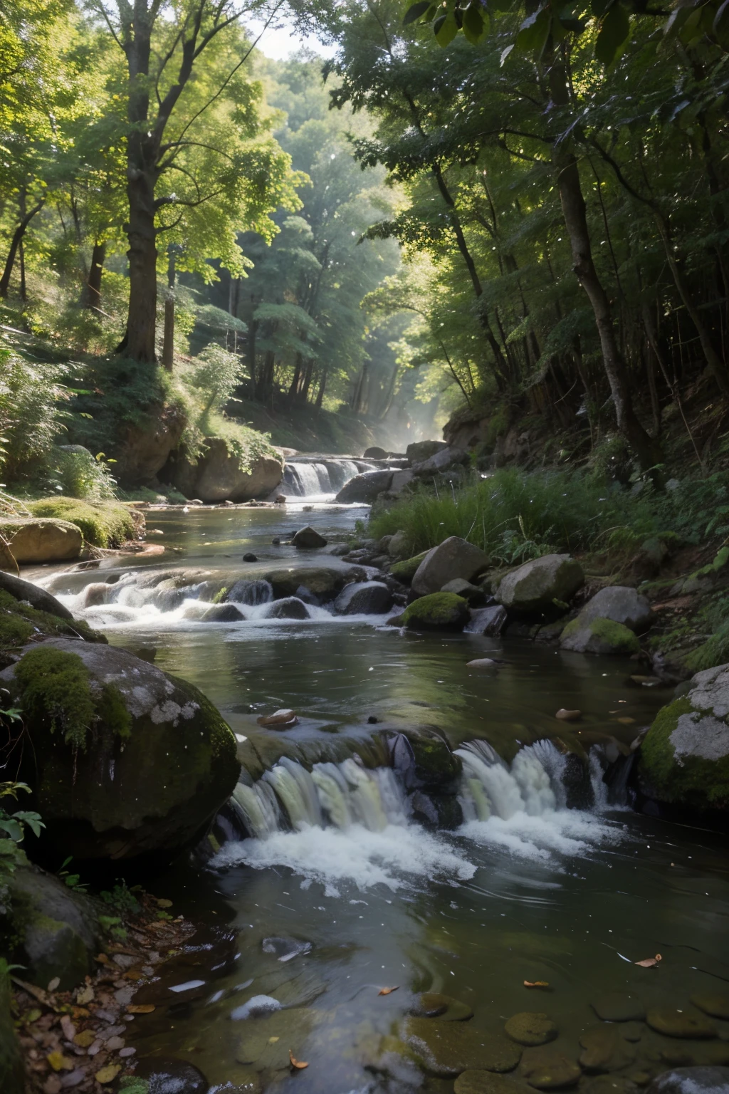 Best quality, masterpiece, super high resolution, stunning natural views, shady trees and full of ripe fruit, small rivers with clear water  (realism:1.5), original photo, natural