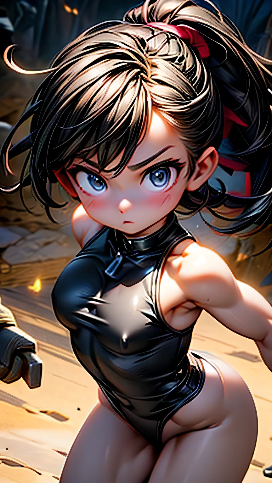 high quality, Real engine, Female Fighter, Fighting Pose､In the battle scene, Ready to fight, 4K, Invincible, The best warrior, Fighting Pose, Aggressive, sweating, Blood vessel, (Big Breasts), Toned Abs, White skin, Black ponytail, (((Black leotard))), Looking into the camera､masterpiece, 最high quality, high quality, High resolution､Realistic、(Cinema Lighting)、Detail emphasis, Beautiful lighting、Sharp focus. 超Detailed face、Detailed Iole Hair、Black Hair、Long Hair、Beautiful Hairstyles、Detailed face、Exposed breasts、Cleavage、(Big Breasts)、(Hard nipples)､Incredibly stupid, It seems ridiculous..,  (((Black leotard))), In a dark cave､Inside a realistic cave､On all fours