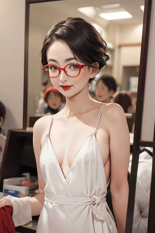 ((Japanese Mature)), ((60 years old:1.4)), ((old woman:1.3)), Japanese Mature Wife, Browsing Caution, One girl, ((Small breasts)) , ((Flat Chest)), ((Saggy breasts)), ((White slip dress)), Japanese-style room, short hair, ((Frame glasses)), ((Red lipstick))