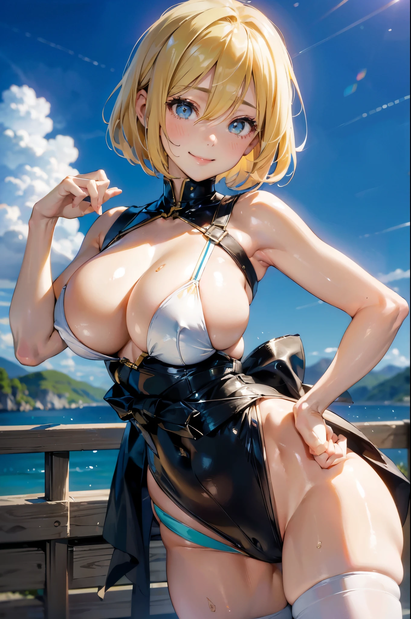 8K, Ultra-high resolution, best quality, On the table、Ultra-high resolution、best quality、 (Large breasts、Large breasts、Standing,:1.3)(Beautiful Japanese woman、(Blonde Short Bob)so cute、Lovely smile:1.25)(on the way)Combat boots，huge , Crazy breast swelling, Chest larger than shoulder blades, Big breasts and thin waist，(huge breasts:1.2)，Hydrated skin（（rogue））（（非常huge乳房）），（（Grooves reveal original skin）)（（Open your legs））