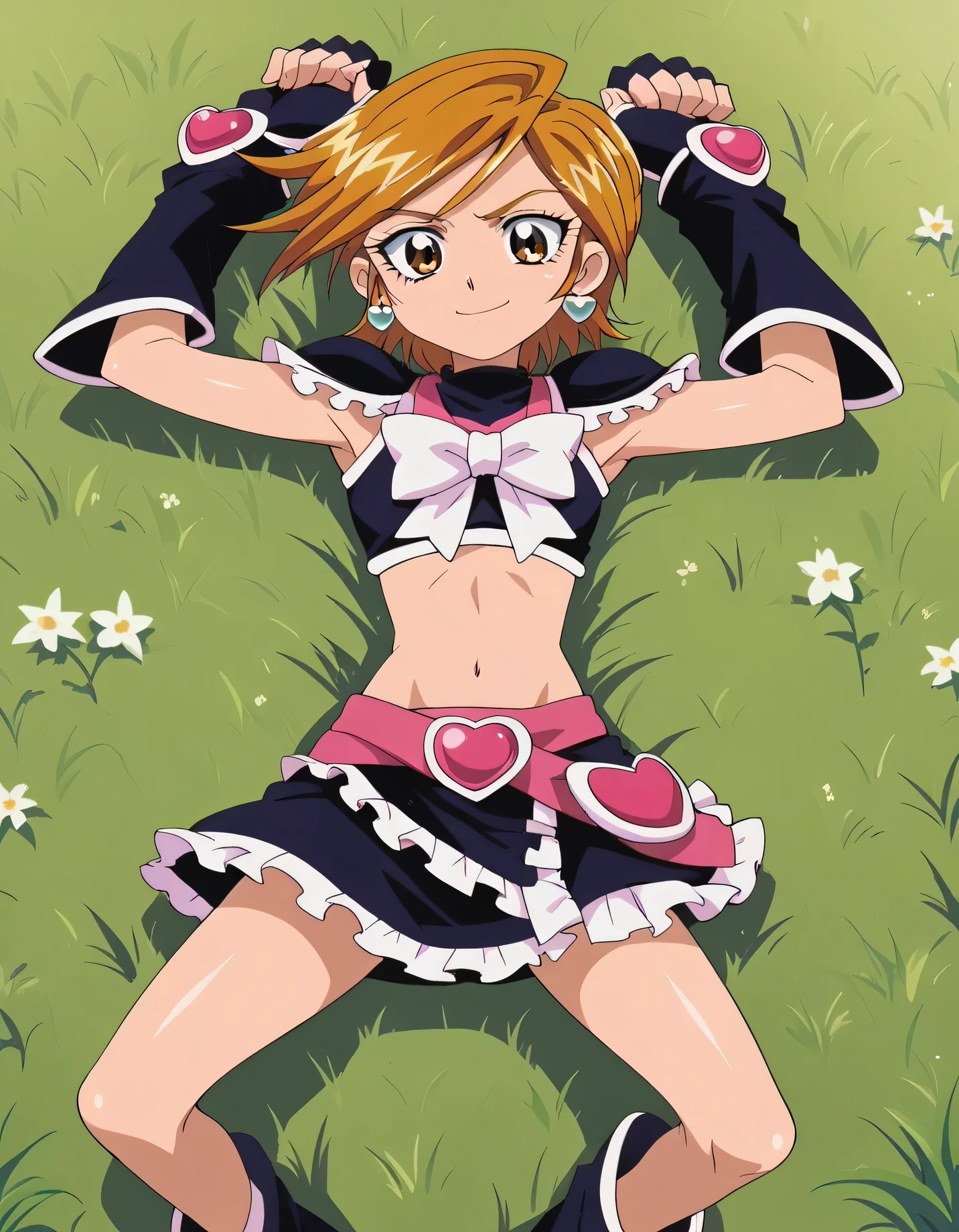 nagisa misumi, short hair, brown hair, brown eyes, 1girl, skirt, gloves, navel, jewelry, heart, earrings, detached sleeves, midriff, eyelashes, magical girl, cure black, shiny skin, solo, lshiny skin, high quality, solo, lying, on back, arms up, spread arms, closed mouth, on grass, looking at viewer, nervous, smile, best quality, full body, spread legs, cowboy shot, best quality,