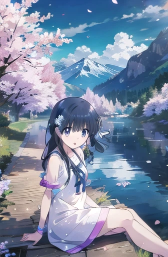 Shiba Miyuki (masterpiece),  BREAK 1girl,  skimpy summer dress,  wavy hair,  floating hair,  smile,  standing,  open mouth,  light particles,  black hair,  icy blue eyes,  looking at viewer,  face focus, BREAK, scenery,  mountainous horizon,  cherry blossoms,  petals,  light particles,  BREAK upper body,  