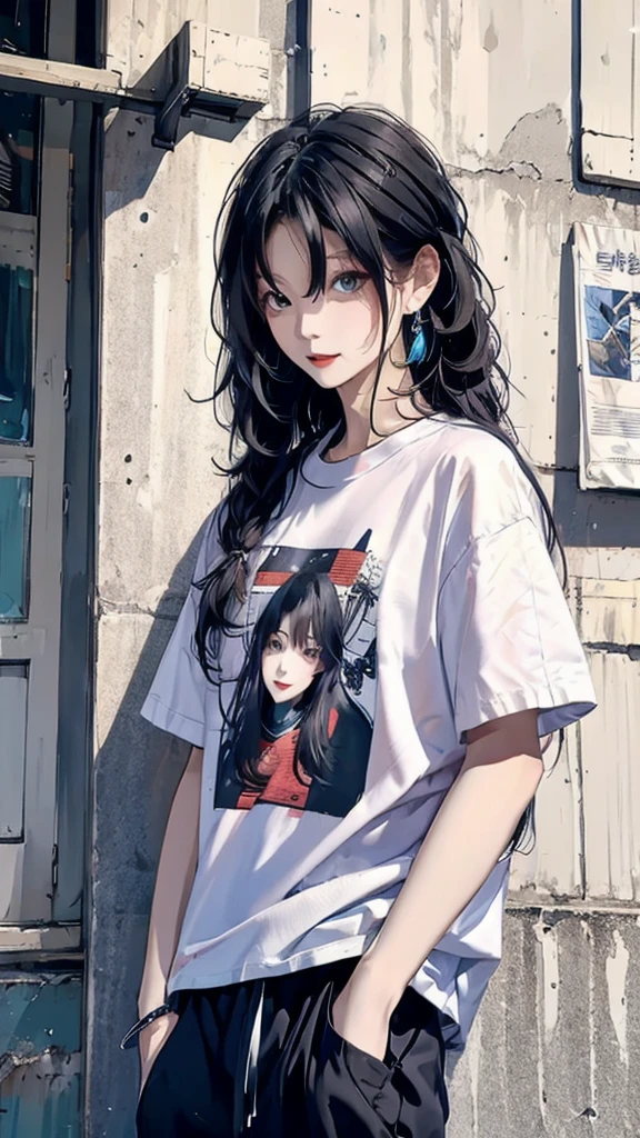 masterpiece, Highest quality, , Colorful Hair, Outdoor, Upper Body,Wearing a T-shirt and pants、Long Hair