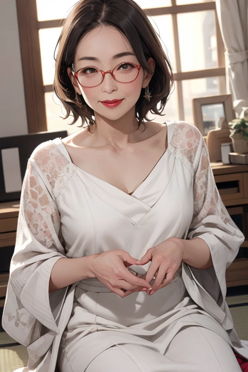 a beautiful mature japanese woman, 60 year old woman, elderly japanese woman, japanese mature wife, 1 girl, small breasts, flat breasts, sagging breasts, white slip dress, tatami room, short hair, frame glasses, red lipstick, best quality, 4k, 8k, highres, masterpiece:1.2, ultra-detailed, realistic, photorealistic, photo-realistic:1.37, HDR, UHD, studio lighting, ultra-fine painting, sharp focus, physically-based rendering, extreme detail description, professional, vivid colors, bokeh