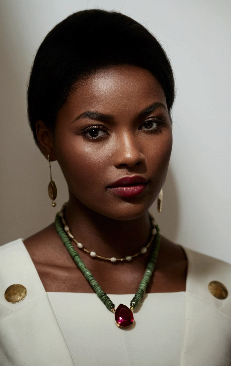 of a woman with a necklace and a necklace on her neck,