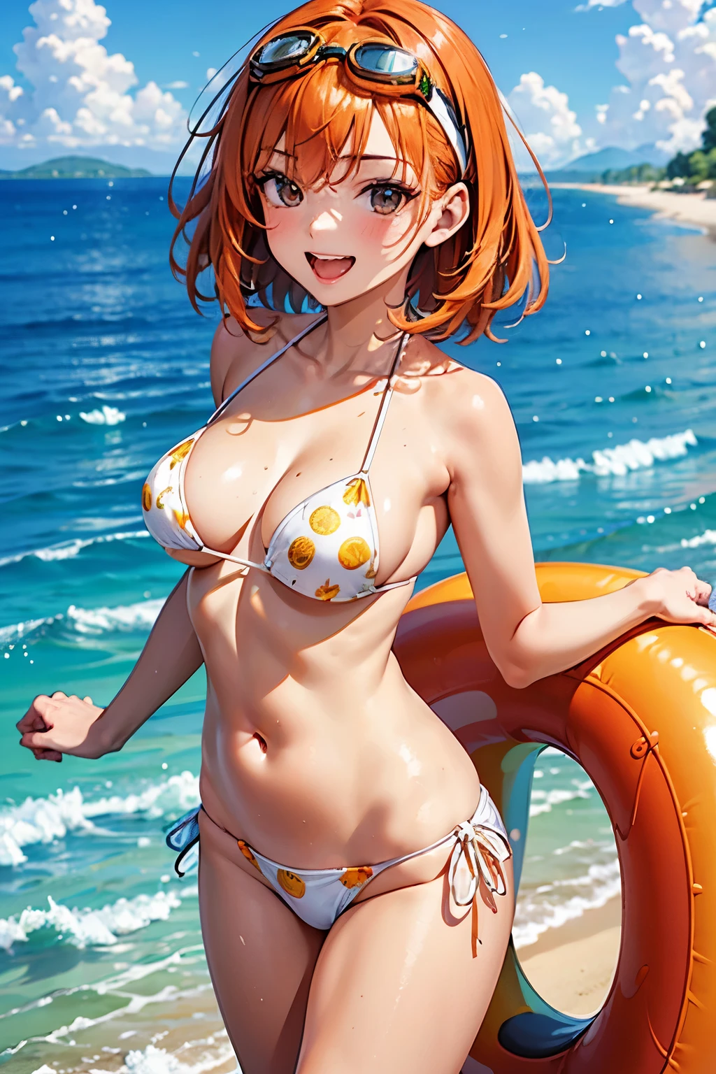 best quality, (masterpiece:1.3), absurdres, highres,16k, ultra high res, official art, illustration,extremely detailed, 1girl, solo, full body, 20yo, 
delicate lines tailed face, (medium hair:1.5), 
(beautiful orange hair:1.2), (shiny hair:1.2), (beautiful black eyes:1.2), (shiny eyes:1.2), (large breasts), (gleaming skin:1.4),
(cowboy shot:1.5), 
standing in sea, laugh with open mouth,
((white bikini), (orange (fruit) printed bikini)), (in green innertube), (swiming goggles:1.2)
(in sea, sunbeam)