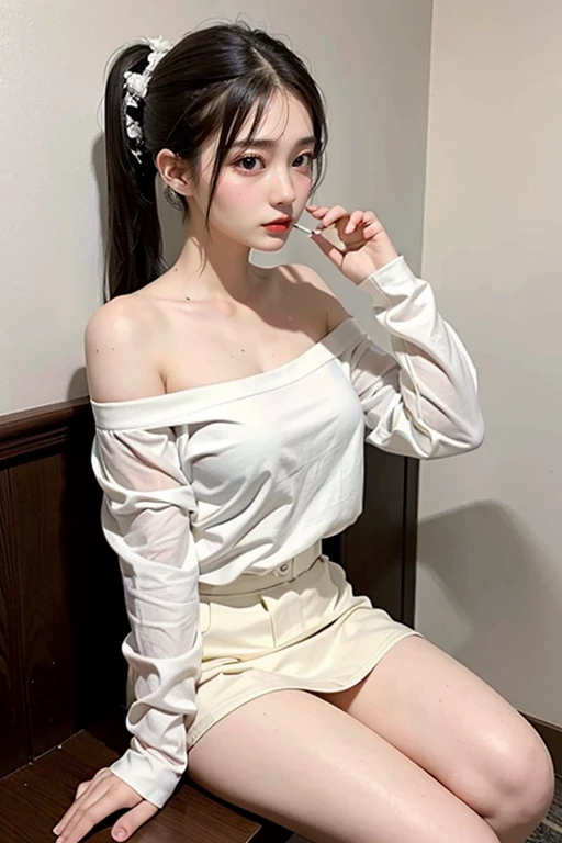 korean woman, seating on toilet, showing hip, thick thigh, urinating, public toilet, pull down panties, best quality, 4k, ponytail hair, smoking, 18years old, pale skin, off shoulder shirt, neckless