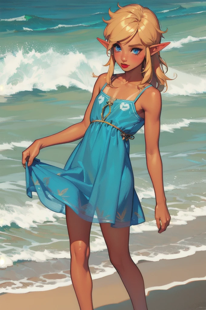 1 boy, solo, 1 boy, solo, solo, masterpiece, best quality, 18 years old, link, elf, tan skin, long blonde hair, blue eyes, eye shadow, lipstick, beach, transparent sundress,