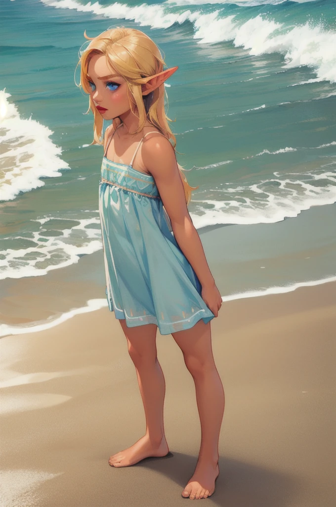 1 boy, solo, 1 boy, solo, solo, masterpiece, best quality, 18 years old, link, elf, tan skin, long blonde hair, blue eyes, eye shadow, lipstick, beach, transparent sundress,