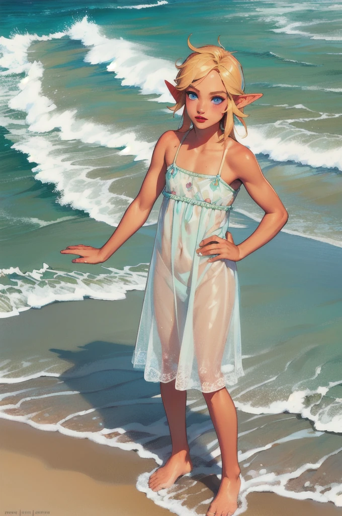 1 boy, solo, 1 boy, solo, solo, masterpiece, best quality, 18 years old, link, elf, tan skin, long blonde hair, blue eyes, eye shadow, lipstick, beach, transparent sundress,