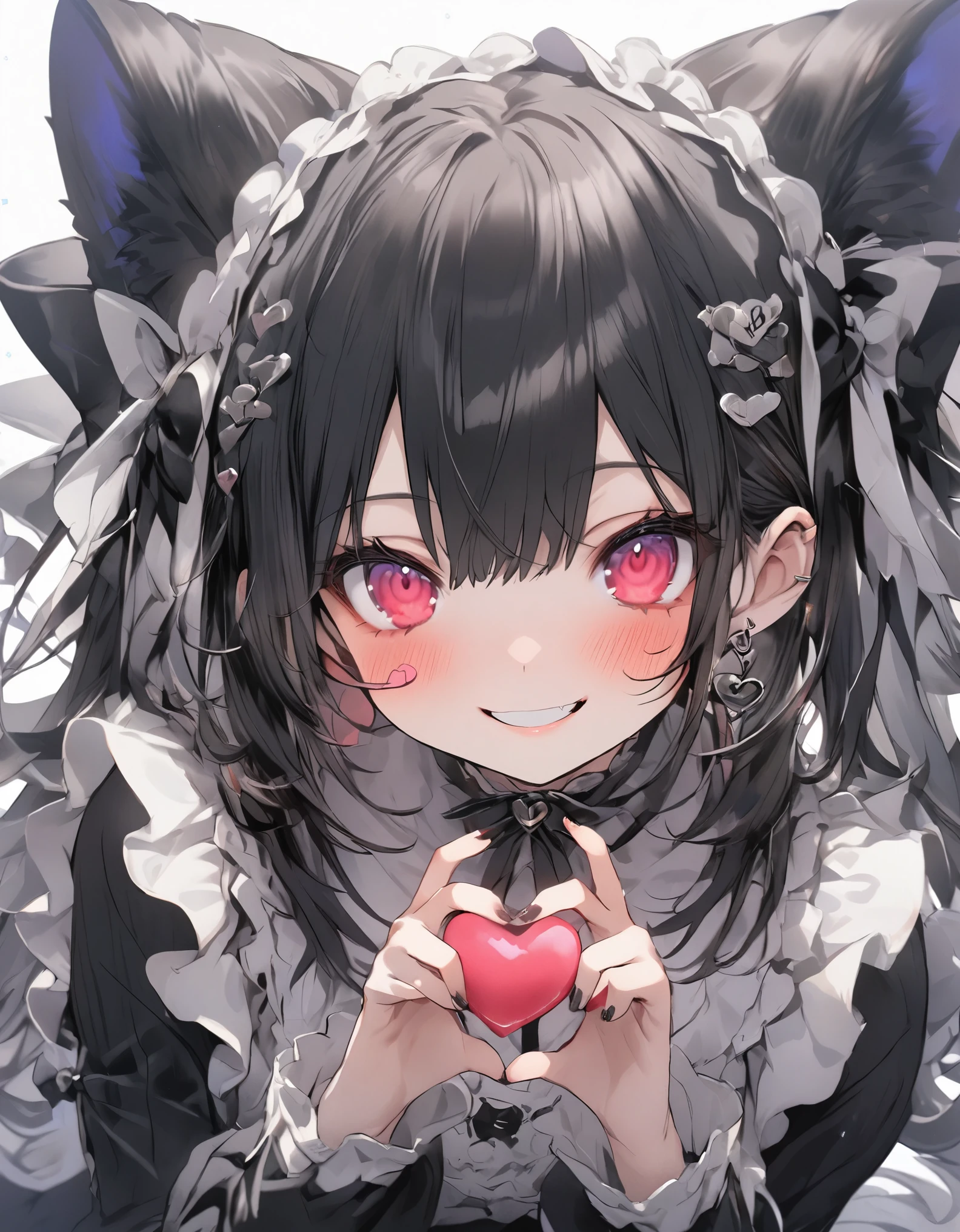 masterpiece、1girl、Black Hair, gothic lolita,(((Make a heart shape with both hands)))、Smiling, Focus on the face, sweets background