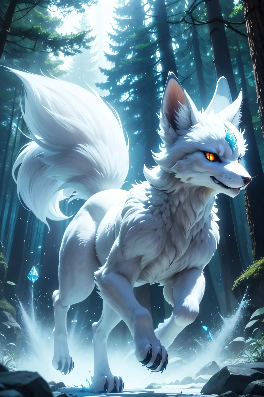 9-tailed fox running in the forest, Day Light, epic, anime styling, beautiful and monstrous, masterful, pelugem linda, white and blue, blue bright eyes, crystals in the body, diamond paws and claws., ultra detaild, anime style, bijuu, 3 meters tall, sideways raptor. anime styling. Long and long body, giant caldas, powerful appearance, paws with sharp and large diamond claws, body tunified by sharp diamonds. Shiny diamond paws