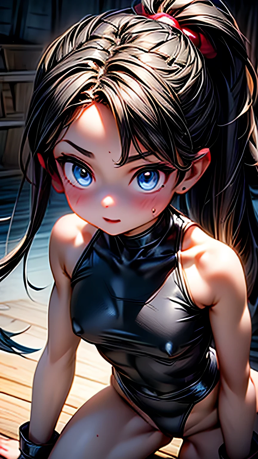 high quality, Real engine, Female Fighter, Fighting Pose､In the battle scene, Ready to fight, 4K, Invincible, The best warrior, Fighting Pose, Aggressive, sweating, Blood vessel, (Big Breasts), Toned Abs, White skin, Black ponytail, (((Black leotard))), Looking into the camera､masterpiece, 最high quality, high quality, High resolution､Realistic、(Cinema Lighting)、Detail emphasis, Beautiful lighting、Sharp focus. 超Detailed face、Detailed Iole Hair、Black Hair、Long Hair、Beautiful Hairstyles、Detailed face、Exposed breasts、Cleavage、(Big Breasts)、(Hard nipples)､Incredibly stupid, It seems ridiculous..,  (((Black leotard))), In a dark cave､Inside a realistic cave､On all fours