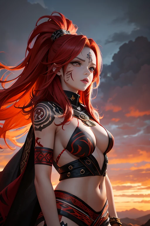 A fierce pretty girl with fiery red hair, adorned in tribal face paint, standing atop a mountain peak with a storm brewing in the background. Rendered in a bold, abstract style.