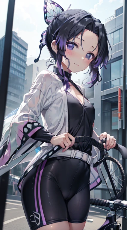 ((nsfw)), kochou shinobu, (((((Road bike))))), (((Cycling Shorts, Cycling shirts))), (((((bicycleに乗る))))), ((((((Road bikeに跨る)))))), , whole body, boost mood, Ultra-realistic 8K CG，masterpiece,, （（Highly detailed background，Delicate pattern，Intricate details, Fine and beautiful eyes）），The best quality in the best condition，とてもとてもとても詳細なface， Highly detailed eyesとface，Highly detailed eyes，kochou shinobu，Multicolored Hair，No bangs，Hair Intake，, Purple eyes，，butterfly，band，（熱band庭園：1.2），Purple Flower，mostly cloudy null，Tyndall effect，slope_null，face，beautiful null，，Seductive posture，（Cleavage:1.3)， woman,15 years old,Road bike,No underwear, cute, (((Cycling Shorts))),,Laughing with your mouth open, ((Sweat))(See through),((bicycle)),((Black Hair)),blush,((Recall))(Sweatで濡れた)Reflecting the buttocks,bicycleのスパッツ, Mountain