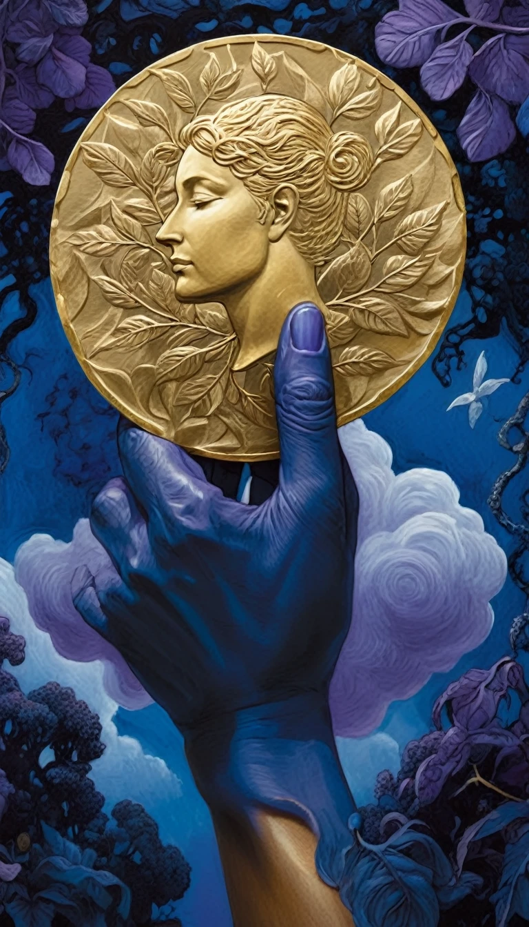 Over a leafy blue purple garden, a hand emerges from a cloud carrying a giant gold blank empty coin.(art inspired by Dave Mckean, intricate details, oil painting) a close up of a gold coin with a w on it