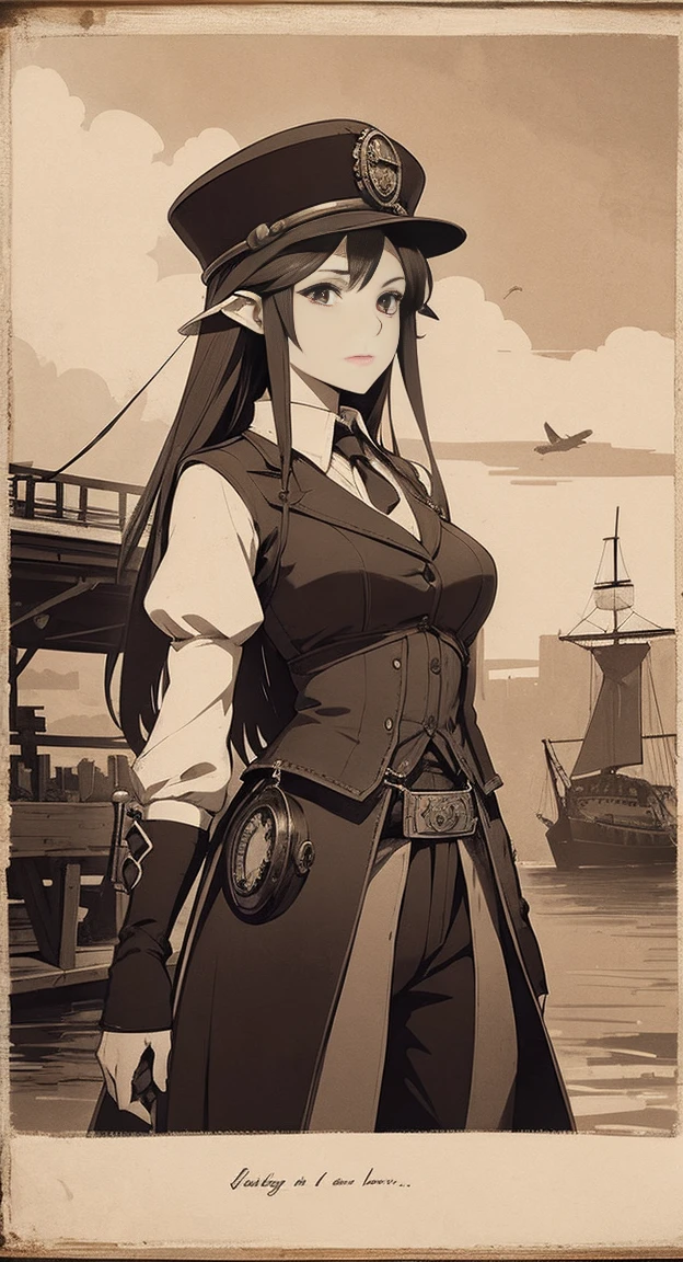 Sophisticated Hylia, hat, steampunk suit, airship, muted colors, red filter, aged photo effect,