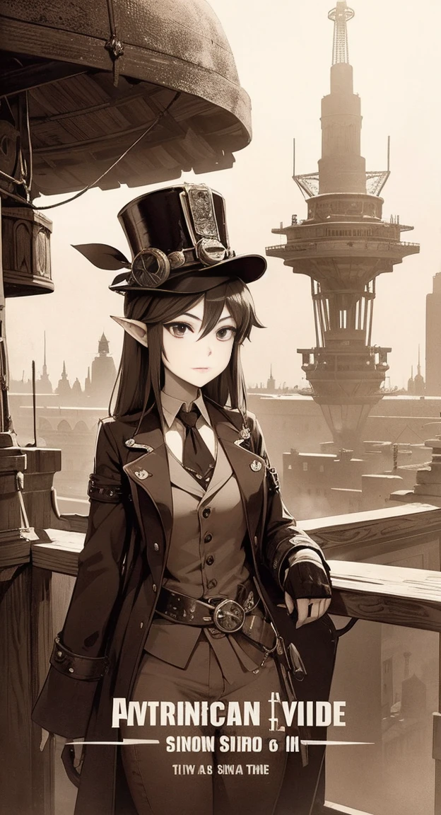 Sophisticated Hylia, hat, steampunk suit, airship, muted colors, red filter, aged photo effect,