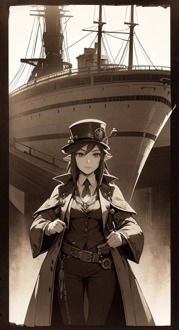 Sophisticated Hylia, hat, steampunk suit, airship, muted colors, red filter, aged photo effect,