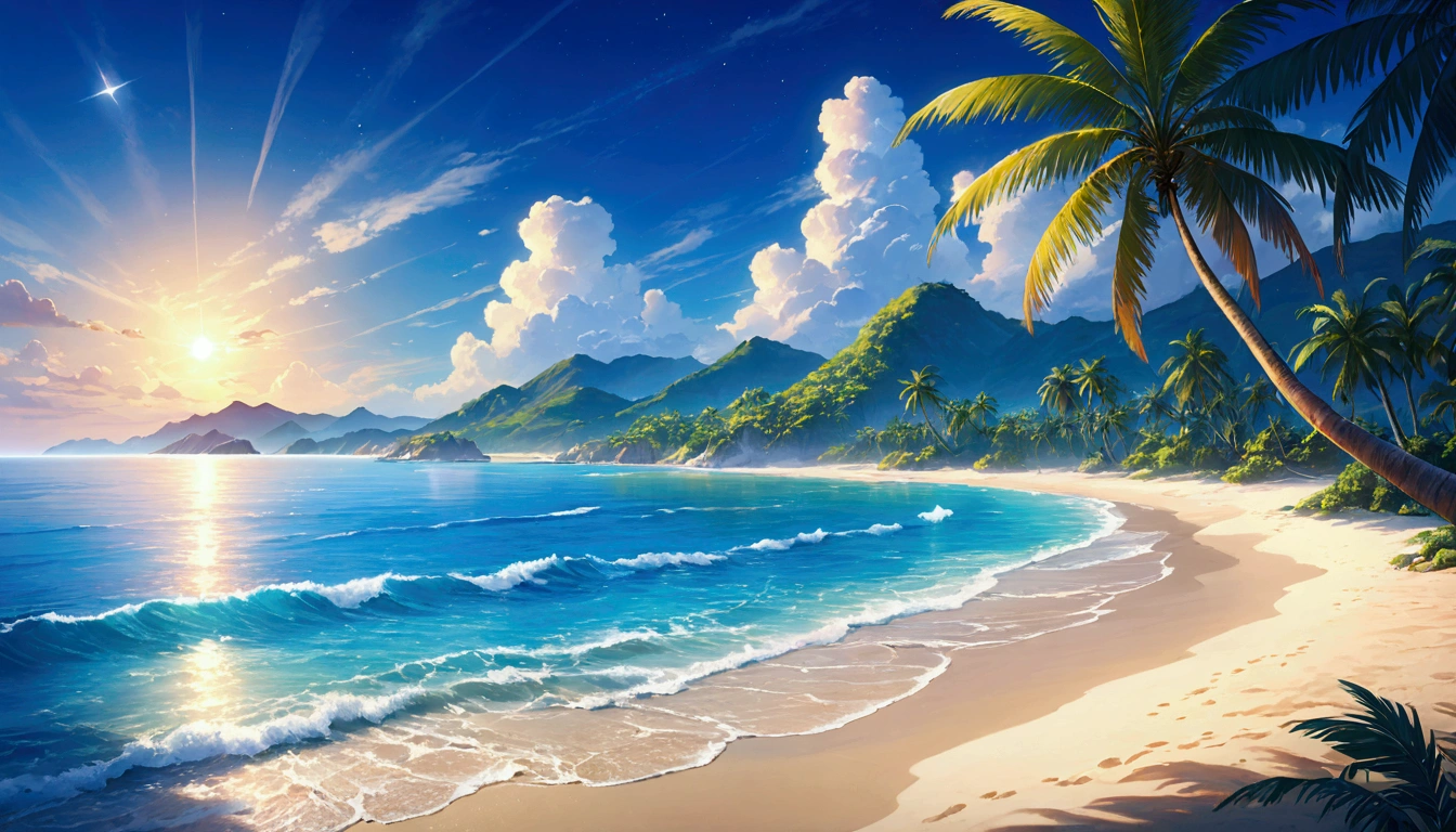Tropical beaches,Palm tree,Open Sea,Xia Yun,Highest quality, 8k, High resolution, masterpiece:1.2, Very detailed, Realistic:1.37, High resolution, 超High resolution, Very detailed, Professional, Vibrant colors