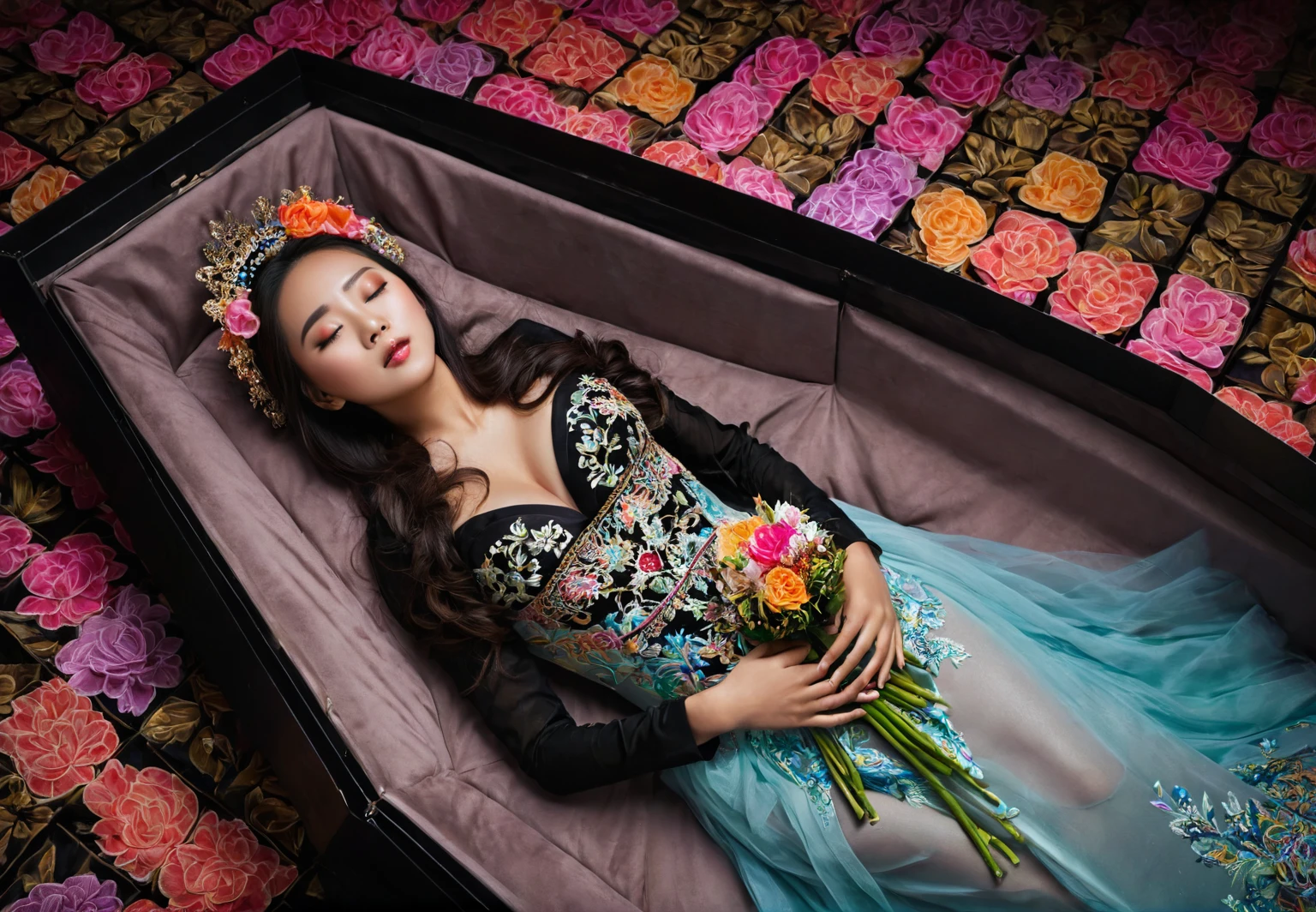 In a striking 8K HDR scene, a stunning Korean woman, 22 years old, lies peacefully in a black coffin surrounded by plush pillows. The deep box is set against a rich black background, accentuating the beauty of the subject. Her exquisite deep-V neckline kebaya attire is embroidered with superb detail, showcasing her round and firm breasts, perfect cleavage, and beautiful eyebrows. Her closed eyes and mouth give an air of serenity, while her visible and absolute cleavage leave nothing to imagination. The scene is bathed in saturated colors, highlighting every intricate aspect from the ball skirt to her clean face, straight body, detailed hand perfect hands, straight body, holding the flowers, straight legs, detailed fingers, detailed hand