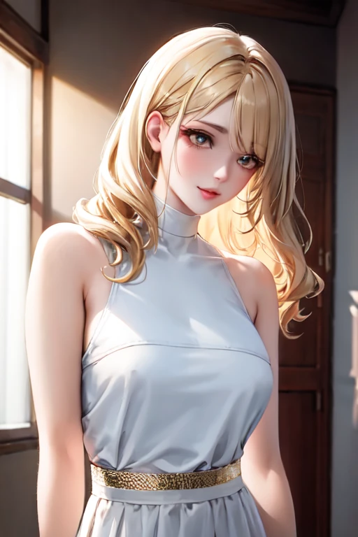 Best Quality, masterpiece,by white, gold eyes,White clothes, seeking out, Upper part of the body,lock of hair,White skin, loose wavy blonde hair 