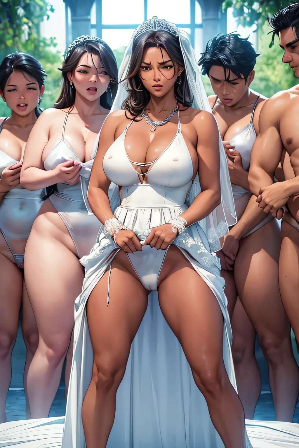 Ashamed expression. Pussy leaking, urination, pissing, wet crotch, nipple. (A female athlete, wearing a white silk wedding dress swimsuit, garter). Many onlookers gather watched.