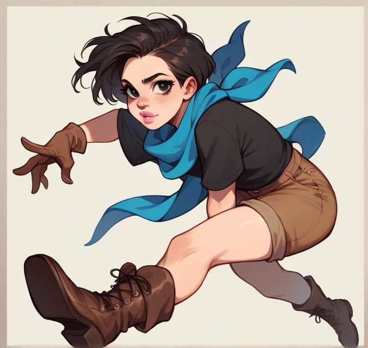 Woman with a black t-shirt and a light blue scarf around her neck, colored and brown gloves, brown shorts, and brown boots, short black hair, black eyes, and pink lips.