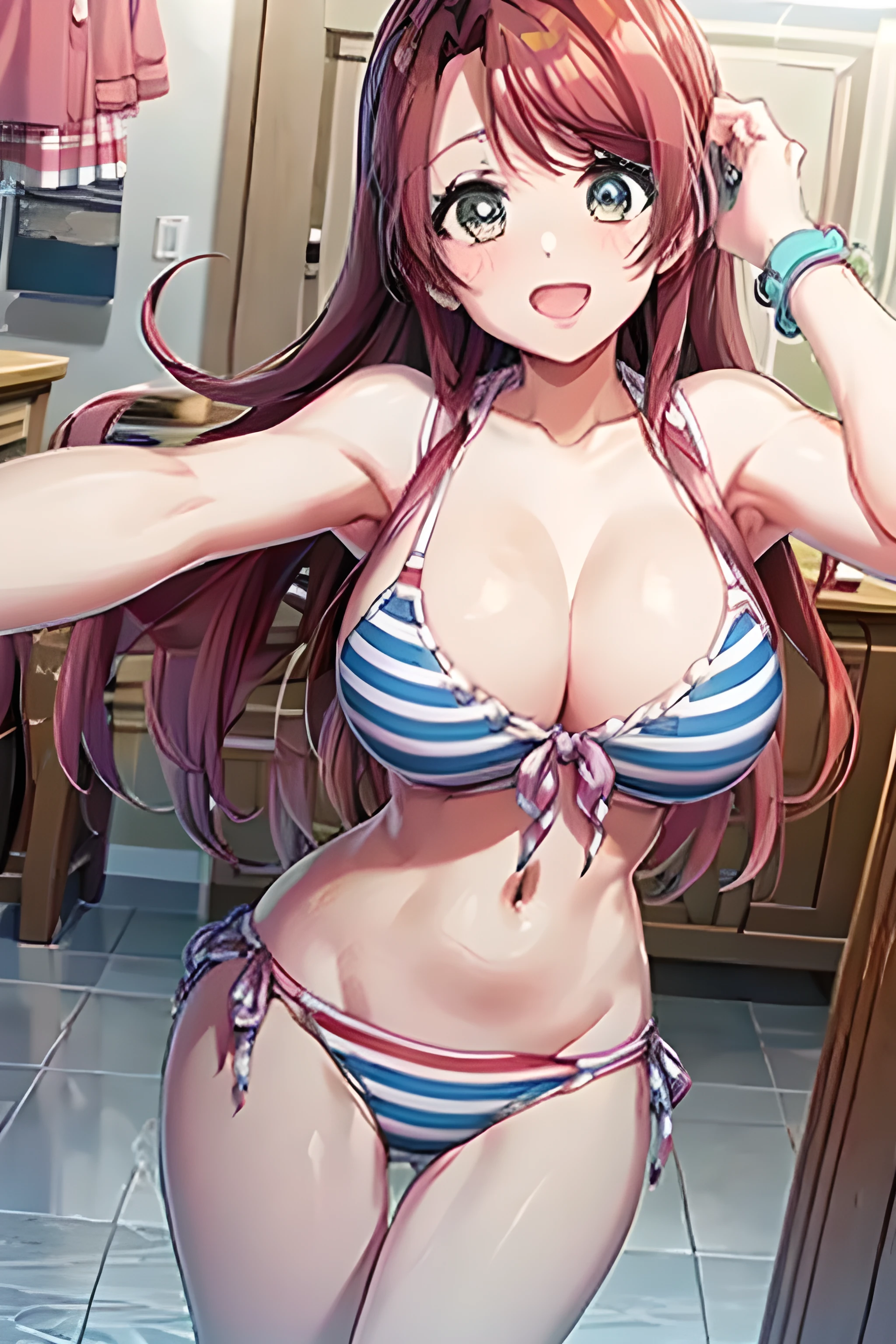 wipe clean,wearing striped bikini(red and blue color),excited look,view from above ,good figure and proportion,big breasts