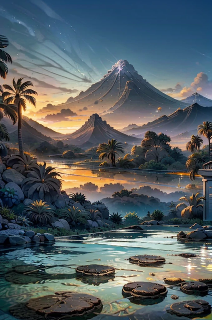 small and beautiful modern house in top of big boulders, terraces, pool, stairs, multiple cacti gardens, palms, trees, rocks, beautiful landscape design, mountains and volcano y background, amazing clouds, sun, moon, planets, milky way galaxy, concrete, wood, glass and steel materials, olive green, violet, orange and withe colors in facade