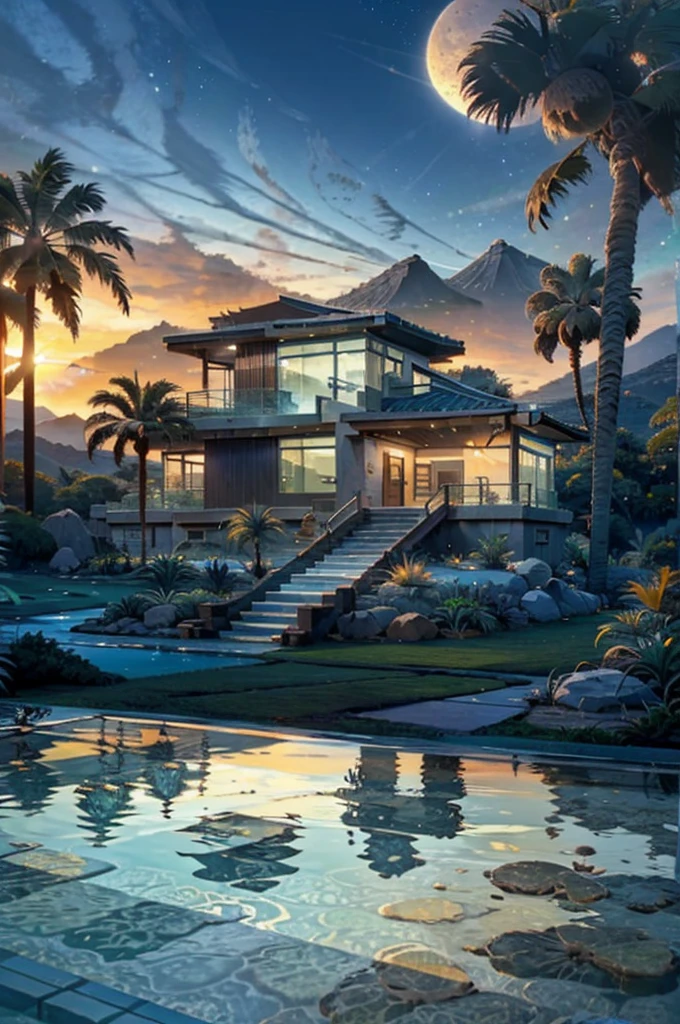 small and beautiful modern house in top of big boulders, terraces, pool, stairs, multiple cacti gardens, palms, trees, rocks, beautiful landscape design, mountains and volcano y background, amazing clouds, sun, moon, planets, milky way galaxy, concrete, wood, glass and steel materials, olive green, violet, orange and withe colors in facade