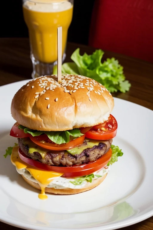 succulent and very tall burger with tomato, queso, lots of lettuce, little onion, meat, on black plate