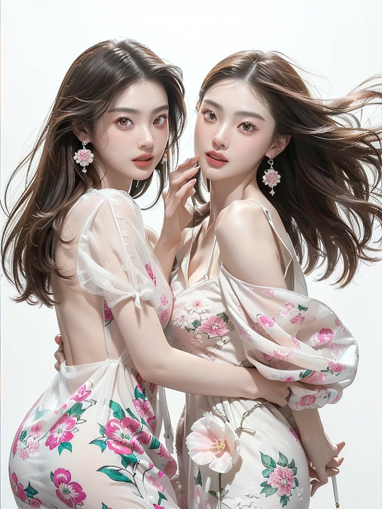 (((Very bright white background 1.5)))、(((High Key Portrait 2.0)))Professional Lighting、(((Professional Lighting 1.5)))、Translucent skin texture、Beautiful Skin、Beautiful Skin、、(((Whitening 1.5)))、、、音符のEcstasy、(((Pure white and pink floral dress 1.5)))、Profile 1.4、See-through。No bra、Mid-shot photo、Simple Earrings、((tea hair))、((Mid-length hair))、Loose wavy hair、sex appeal、Sex Appeal、Ecstasy、(((Mid-shot photo1.5))、(((Dynamic pose 1.85)))、(((sexy pose 1.85)))、(((One woman)))、