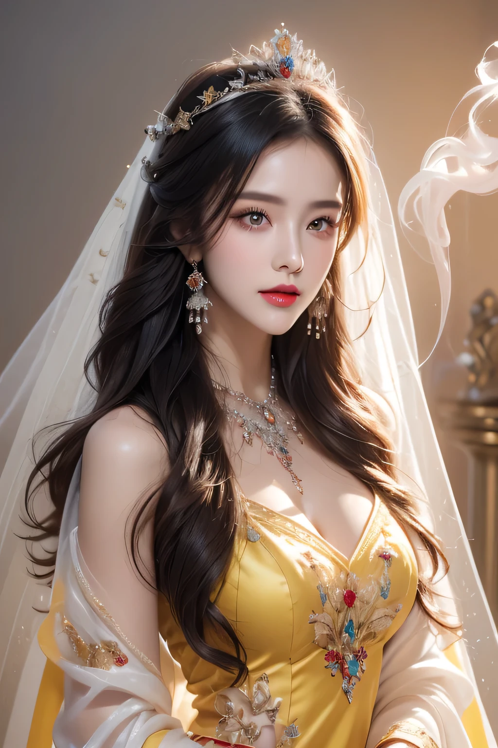 High-quality work,Realistic works,Super premium graphics,8K HD CG works,high quality graphics,High-definition and exquisite CG works,10x pixels,Ultra-fine details:1.1,Advanced technical details:1.1Realistic photo effects,Interior lighting effects:1.5,natural soft light:1.5. Light effect(Virtual light effects:1.8),ultra high resolution,shining dress,sliver long hair,silber hair,transparenthair,high detailed hair(Quality hair details:1.1)Clear eyes,Double eyelids look good,Sharp eye makeup, Create exquisite eyelash makeup, tthin eyebrows, Ultra-detailed eyes,a tall nose, lovely red lips, rosey cheeks, With delicate makeup on her face , pretty face, The face shape is perfectly proportioned,(Advanced facial details:1.1)A beautiful 27-year-old saint, a mature and attractive female saint in a thin silk ao dai, nude on her chest, beautiful face without blemishes, wearing a thin colorful silk dress that see through her breasts, ((( Natural smile:1.0)), ((flat bangs:0.5) ), ((((platinum long hair:0.8))) , big crown, hair brooch, hanfu skirt, fanciful hanfu style, page full body strength, forehead tattoo, super even chest, woman face, pretty and pretty face, ((even porcelain teeth: 0.8), light red lipstick the most beautiful and detailed , super flat huge breasts, (((Thin thin plump lips: 0.3)), ((Yellow eye color: 1.2), Detailed and delicate lighting effects, light and dark, light impression, light fanciful, extremely detailed light, true color, super sharp, realistic, 8k quality, fantasy universe background, saintess and fanciful space, the most detailed image, ((Solo:0.3) )), ((a saintess:0.6)) , ((looks straight at the saint's upper body:0.4)), upper body, ((smooth skin:0.5)), ((holy veil: female:1.2)), ((solo:1.3)), ((alone girl :1.3)), saint portrait, short photo, Body portrait, ((((open mouth:0.6))), Digital Realistic, ((fanciful red smoke effect:1.2)),,Women's artwork,Dress full body video,Realism,Amazing Cleavage,My eyes are very bright today
