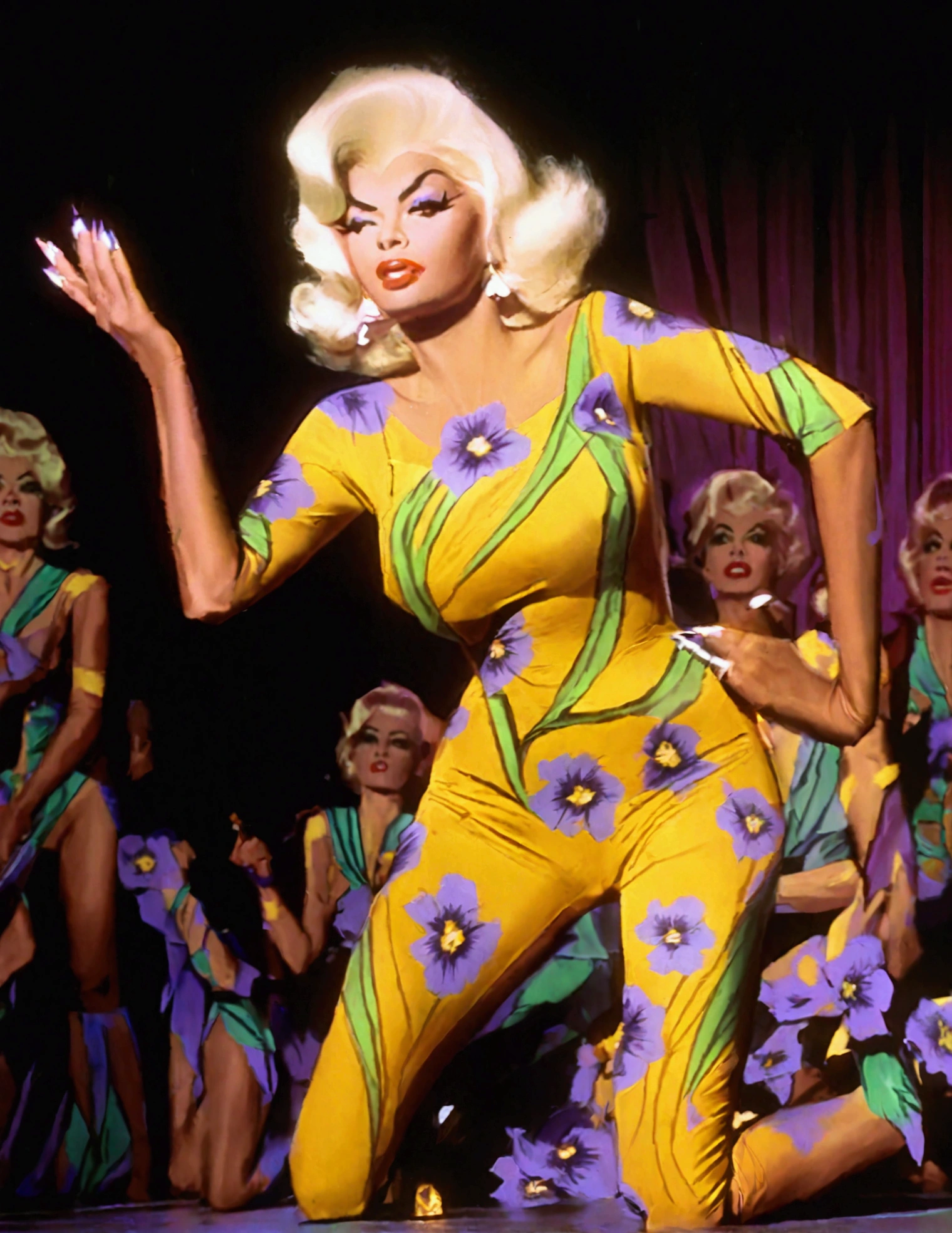 (Jayne Mansfield, age 25, extensive artistic body paint flower themed (only face and hands exposed)), doing an interpretive dance on stage, she is in spotlight, dancing like a flower in breeze