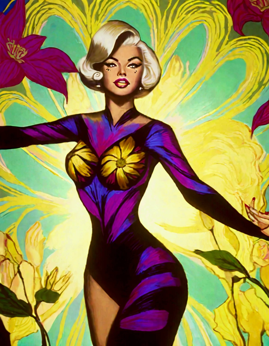 (Jayne Mansfield, age 25, extensive artistic body paint flower themed (only face and hands exposed)), doing an interpretive dance on stage, she is in spotlight, dancing like a flower in breeze