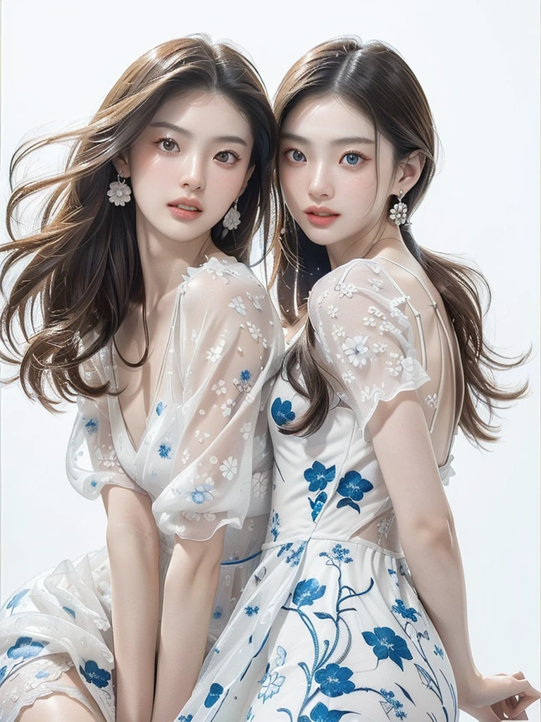 (((Very bright white background 1.5)))、(((High Key Portrait 2.0)))Professional Lighting、(((Professional Lighting 1.5)))、Translucent skin texture、Beautiful Skin、Beautiful Skin、、(((Whitening 1.5)))、、、音符のEcstasy、(((Pure white and blue floral dress 1.5)))、Profile 1.4、See-through。No bra、Mid-shot photo、Simple Earrings、((tea hair))、((Mid-length hair))、Loose wavy hair、sex appeal、Sex Appeal、Ecstasy、(((Mid-shot photo1.5))、(((Dynamic pose 1.85)))、(((sexy pose 1.85)))、One woman、