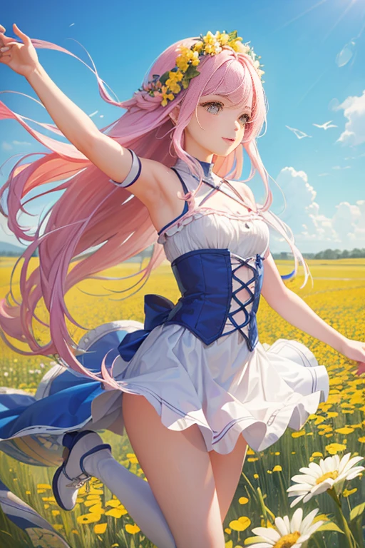 A whimsical girl with long, flowing hair made of flowers, dancing in a field of vibrant colors. Rendered in a dreamy, watercolor style.