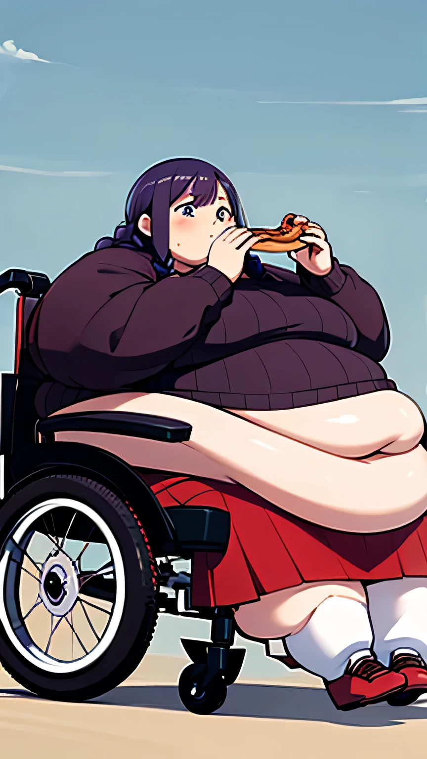 Fat woman, big Belly, very long hair, braids , fat face, purple hair, very wide hips, eating a whole pizza, sitting in an electric wheelchair, wearing a tight skirt, tight sweater, belly sagging, wide waist,