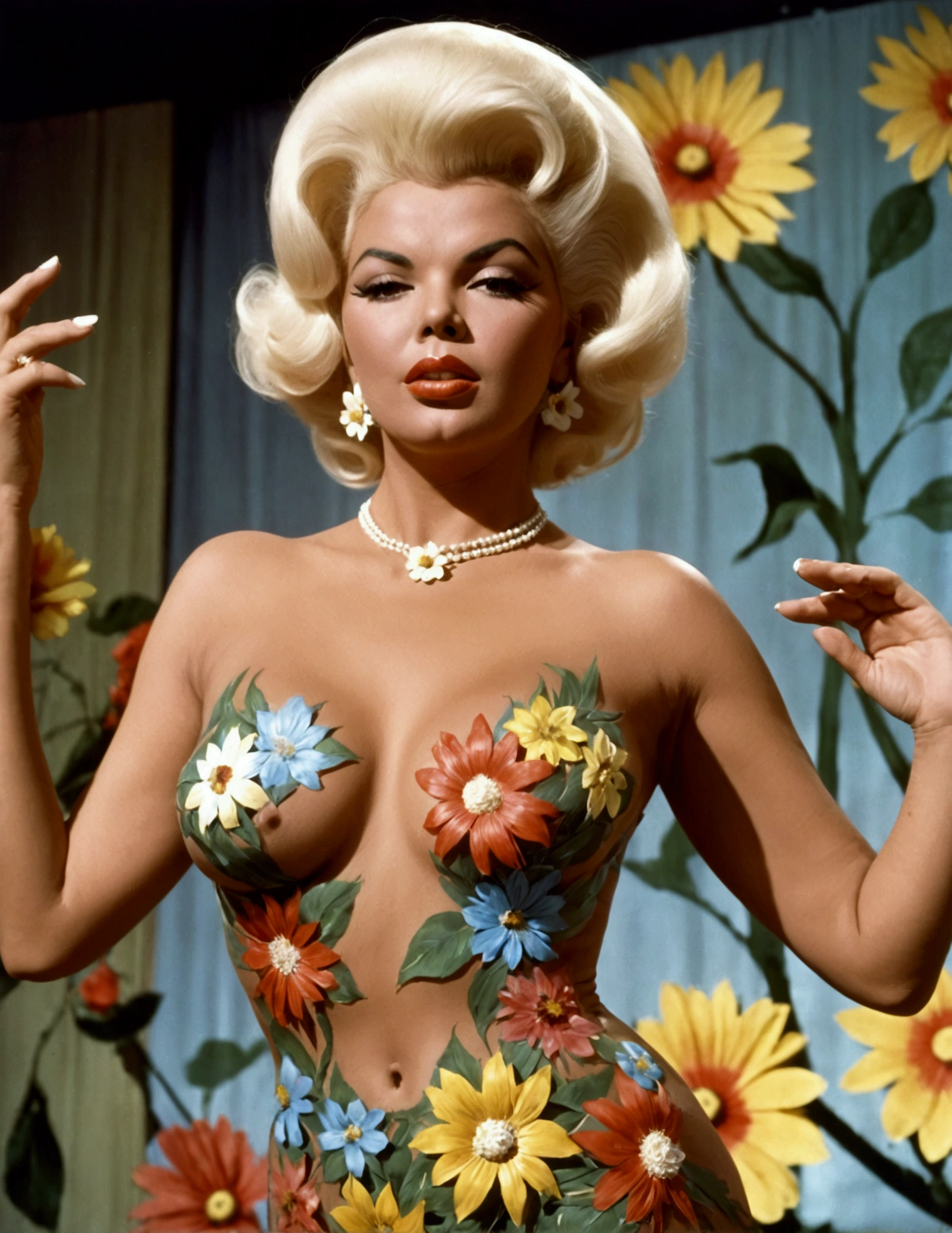 (Jayne Mansfield, age 25, extensive artistic body paint flower themed (only face and hands exposed)), doing an interpretive dance on stage, she is in spotlight, dancing like a flower in breeze
