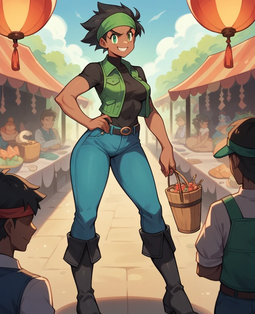 A woman, Dark skin, Short black hair, green eyes, with a green Swoosh Headband, black shirt, medium breasts, green vest, blue pants, black high boots, standing, confident smile, high quality high resolution, artwork, in a festival background, black shirt, black high boots, Blue pants, green vest, pokemon style 