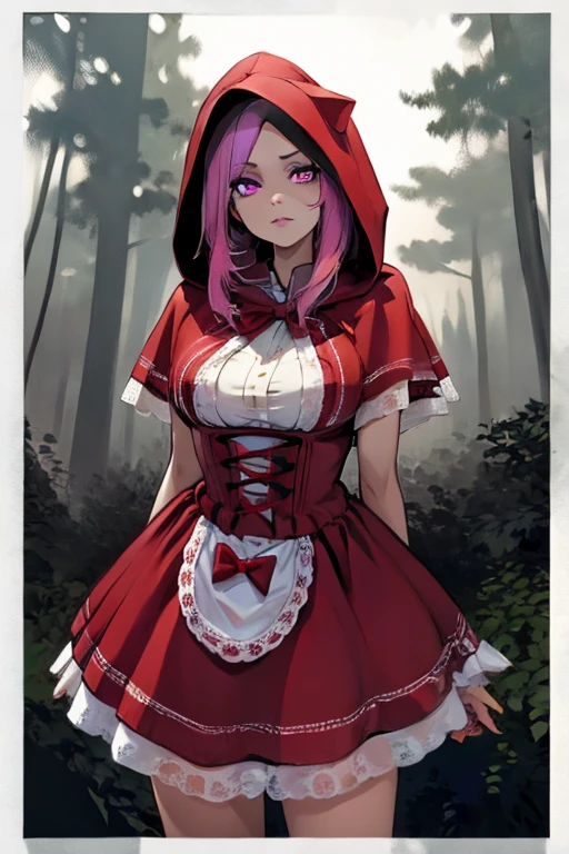 Perfect face. Perfect hands. A pink haired woman with violet eyes and an hourglass figure in a Gothic Little Red Riding Hood dress is posing in a creepy forest
