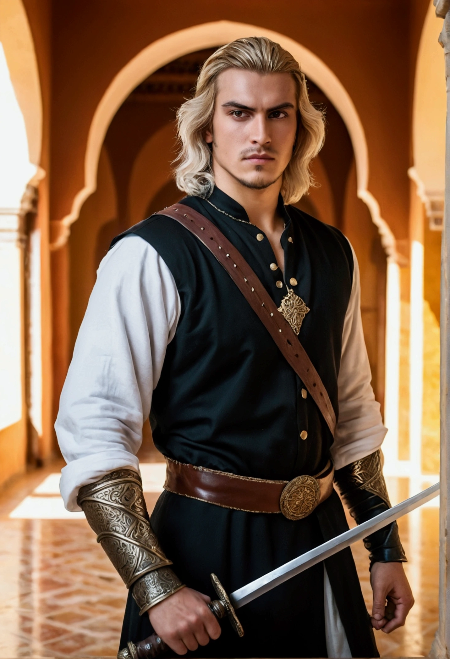 Strong, A young man with brown and white hair, A light beard，Dressed up as a warrior，Standing in an Andalusian palace，Looking at the camera，Holding a black sword in his hand