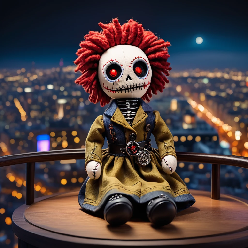 (knitted toy voodoo doll:1.7), (Voodoo on a city observation deck with enchanted views:1.3), (Clothing: tattered casual attire with mystical symbols:1.0), (Accessories: miniature floating telescopes, tiny glowing cityscapes, small enchanted coin-operated viewers:1.2), (background: panoramic observation deck with flickering lights and glowing magical views, ethereal light illuminating the scene:1.2), best quality, masterpiece, detailed soft oil painting, detailed background, dramatic cinematic lighting, soft edge lighting, professional, dramatic lighting, hard edge lighting, ultra quality, 4k,masterpiece, best quality, 8k, ultra highres, highres, extremely detailed