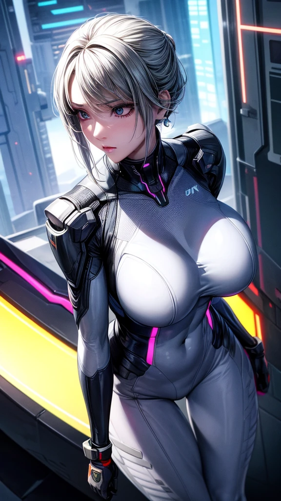 become, Woman in futuristic suit, The face is rich in detail, Cool, Mother, Tomboy, Very large breasts, (), become熟的脸, (become熟雌性), Network Service, Anime girl in tights, Milk, Elegant body, navel focus, Naked body, Gloves, earrings, Science fiction, Actress, permanent, Volumetric Light, Detailed lighting, Detailed texture, European Cyberpunk, The Opai of Biomechanics, masterpiece, The best eyes, Sci-fi background, Future Landscape, Low Angle, Smooth surface, (((Grab your breasts))), National Foundation