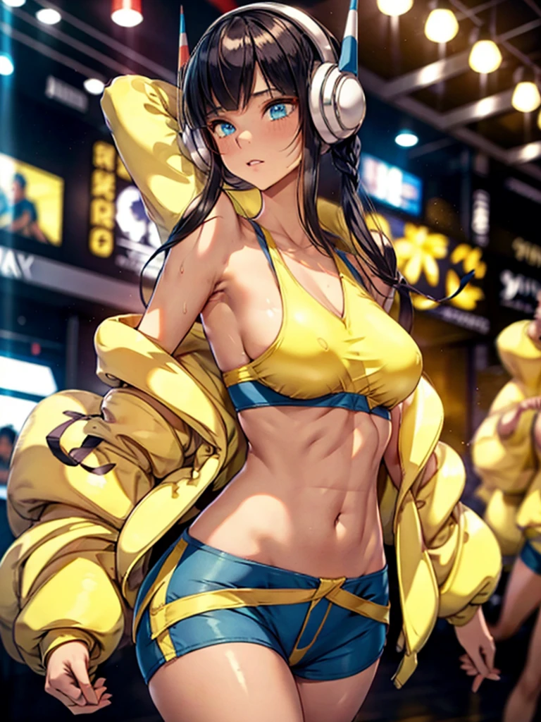 detailed, highres, ((1girl only)), bw2elesa, black hair, streaked hair, long sidelocks, hair ornaments, headphones, yellow jacket, puffy jacket, crop top, yellow and blue shorts, public, catwalk (modelling), indoors, pokemon gym, nimbasa city gym, full body, ((she has a slender body)), ((she is alluringly lifting her top with one hand and pulling her short with her other hand almost showing her full breasts and vagina)), standing, bright almond eyes, blue eyes, (sweat), pulling own clothes, ((crop top lift)), alluring, (left hand pulling shorts down halfway), cleft of venus, teasing, (nipple slip), very small breasts, pulling own clothes, looking at viewer, background blur, dutch angle, sexy, dark background, colored lights, erotic